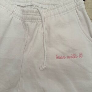 “born with it” White Sweatpants with Pink Embroidery